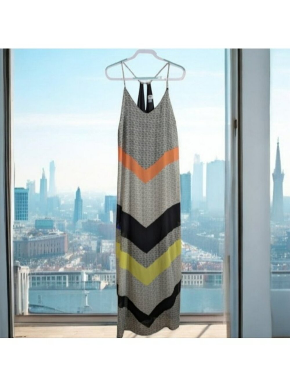 Women’s Chevron Stripe Maxi Dress in Orange, Black, Yellow